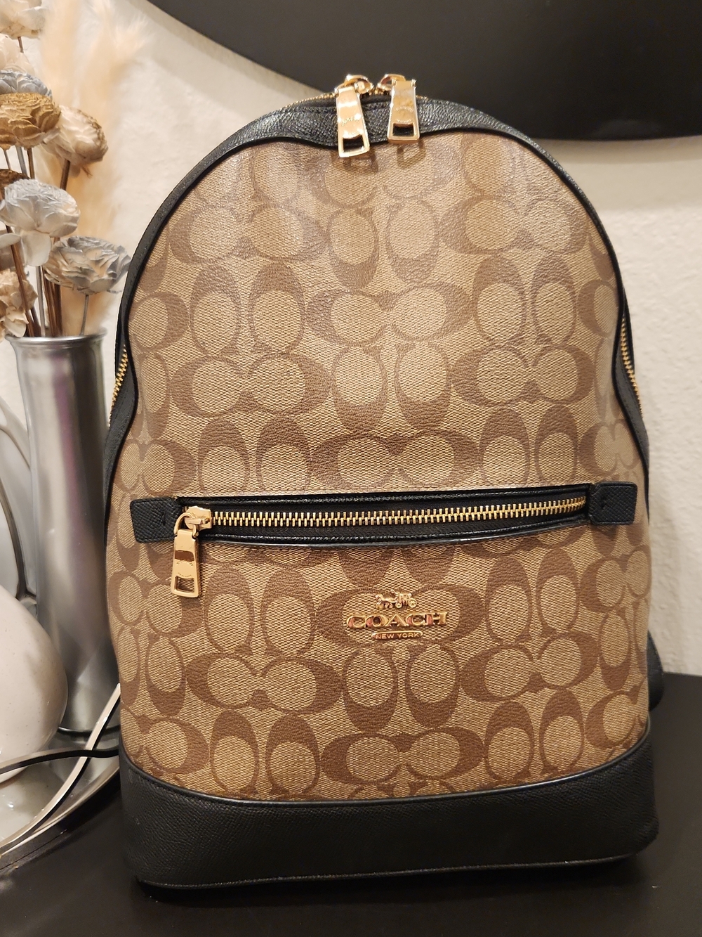 Coach Signature Backpack in Tan Coated Canvas and Black Leather